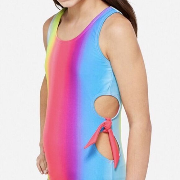 Justice Girls Rainbow Side Cutouts Racerback One Piece, Neon - Picture 1 of 9